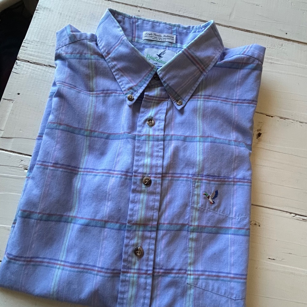Flying Scotsman Mens XXL Blue Plaid‎ Short Sleeve Mallard Duck Button Down Shirt